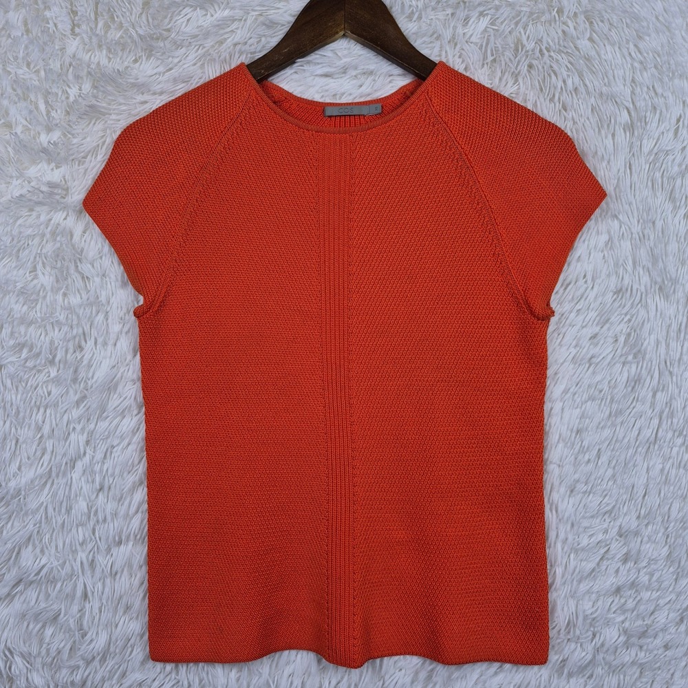 COS Women Orange Textured Cotton Knit Short Sleeve Top Crew Neck XS Capsule